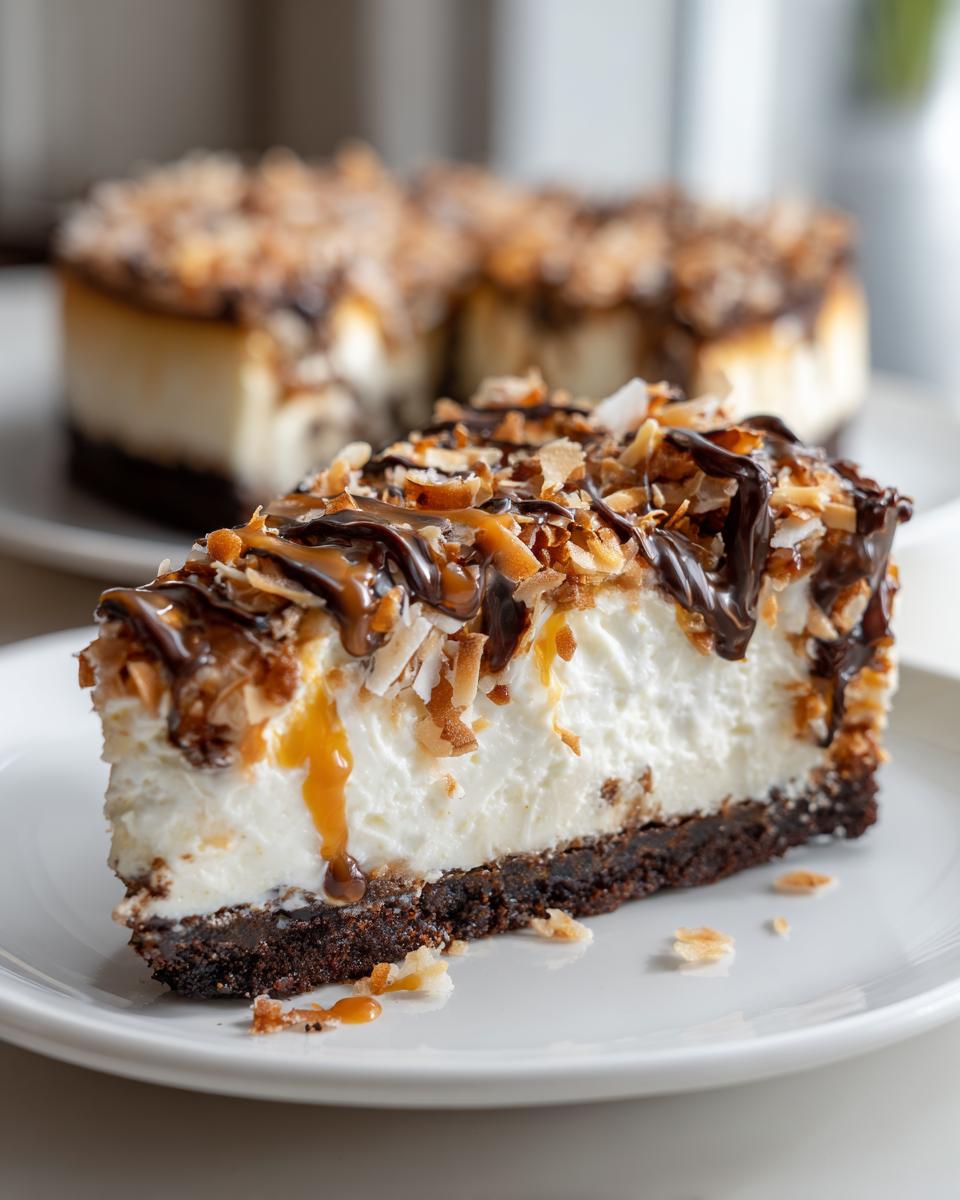 Close-up of a slice of Samoa Cheesecake featuring a dark crust, creamy filling, caramel, chocolate drizzle, and toasted coconut.