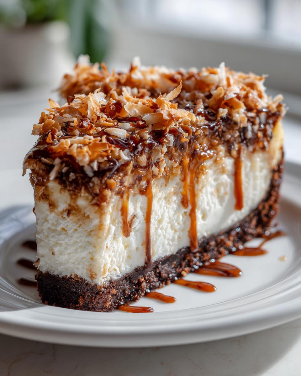 A thick slice of Samoa Cheesecake featuring a dark crust, creamy filling, and topped with toasted coconut and caramel drizzle.