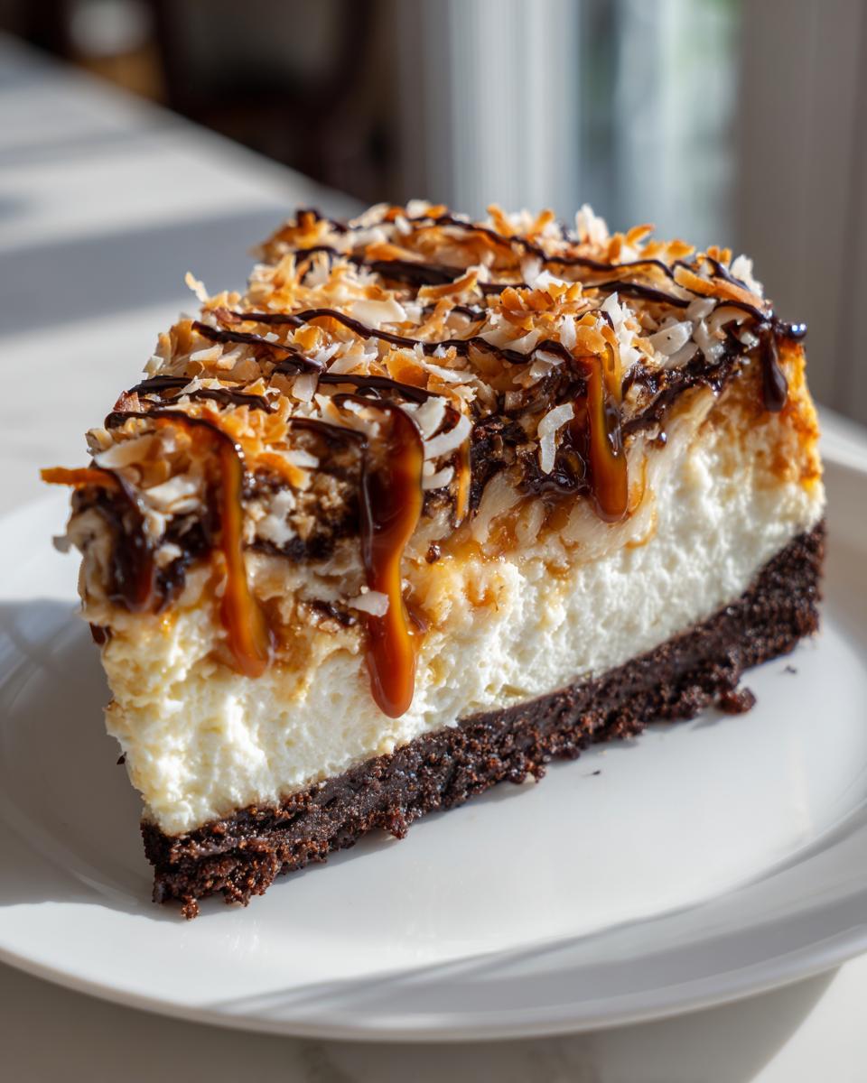A thick slice of Samoa Cheesecake featuring a dark crust, creamy filling, toasted coconut, and caramel/chocolate drizzle.