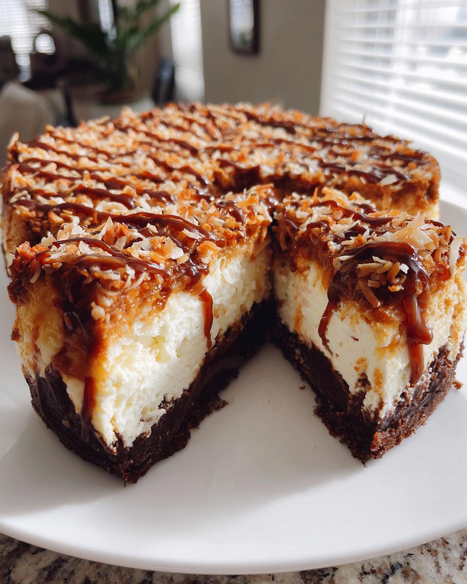A slice cut from a Samoa Cheesecake showing the thick cream cheese layer, dark crust, and toasted coconut caramel topping.