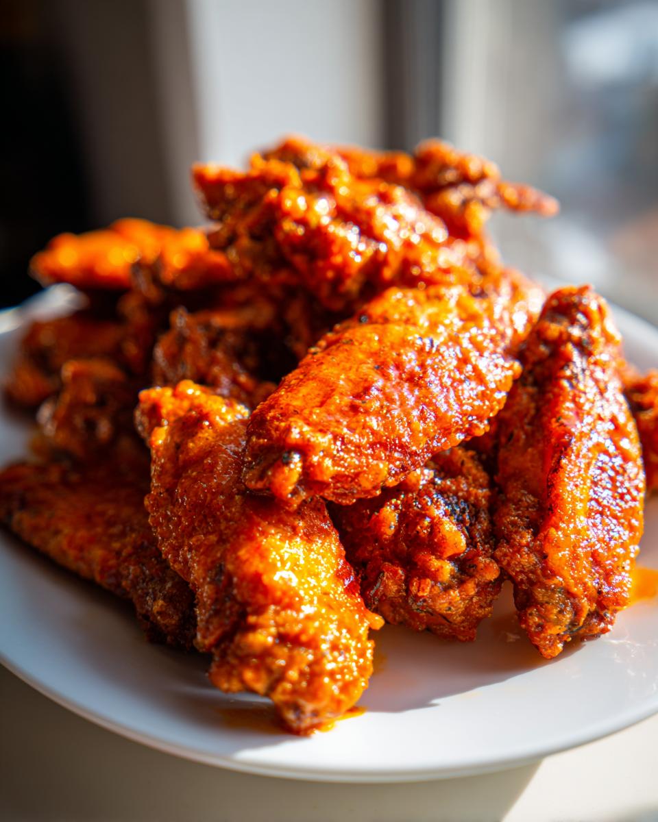 A pile of glistening, saucy buffalo chicken wings stacked high on a white plate, catching the sunlight.