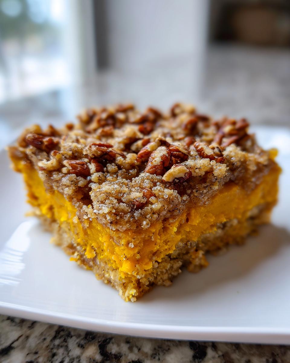 Close-up of a square serving of savory butternut squash casserole with a thick pecan streusel topping.
