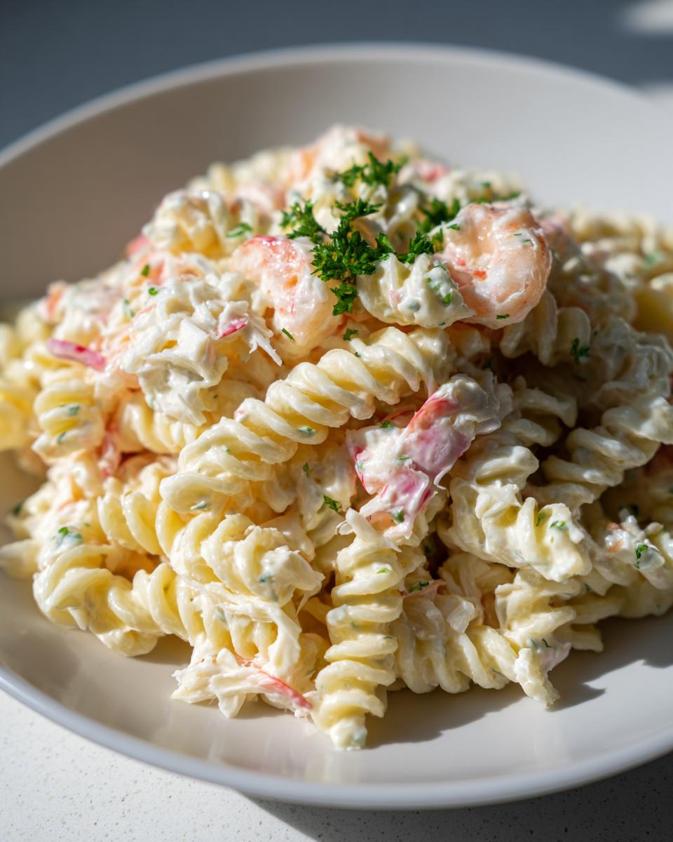 Close-up of creamy seafood salad recipe with crab, shrimp, and rotini pasta, garnished with parsley.
