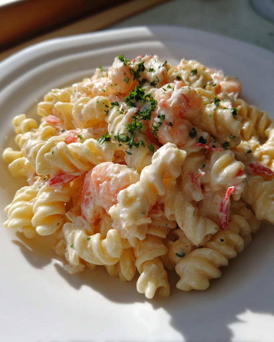 Close-up of creamy seafood salad recipe with crab, shrimp, and pasta spirals, garnished with parsley.