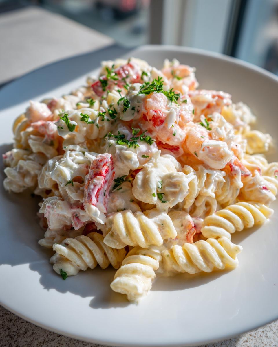 Close-up of creamy seafood salad recipe with crab, shrimp, and rotini pasta, garnished with parsley.