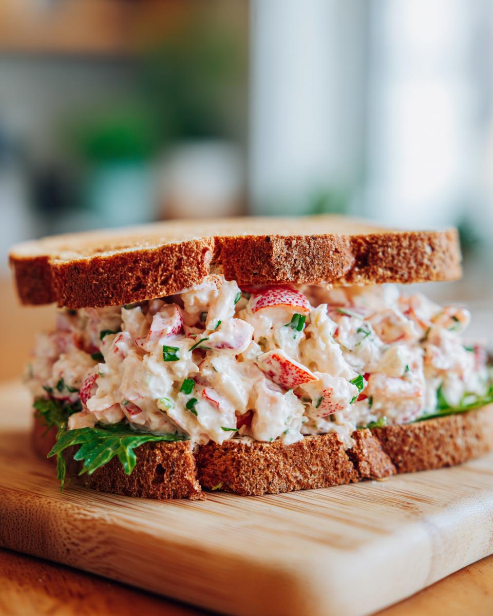 A generous seafood salad sandwich made with creamy dressing and red seafood pieces, served on toasted brown bread.