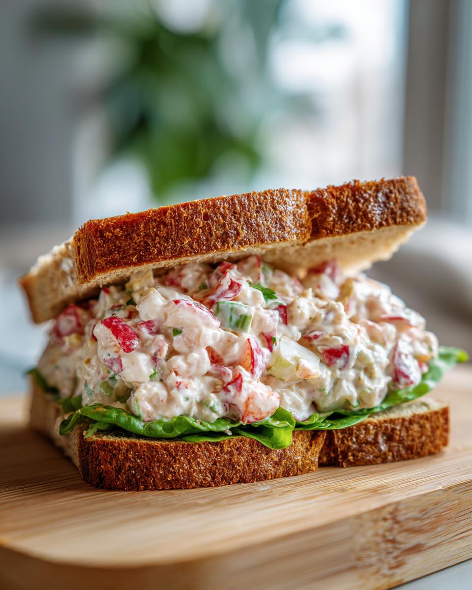 A generously filled seafood salad sandwich on toasted brown bread resting on a wooden cutting board.