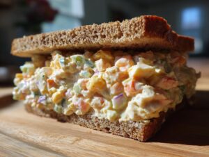 Close-up of a thick seafood salad sandwich overflowing with creamy filling between two slices of brown bread.