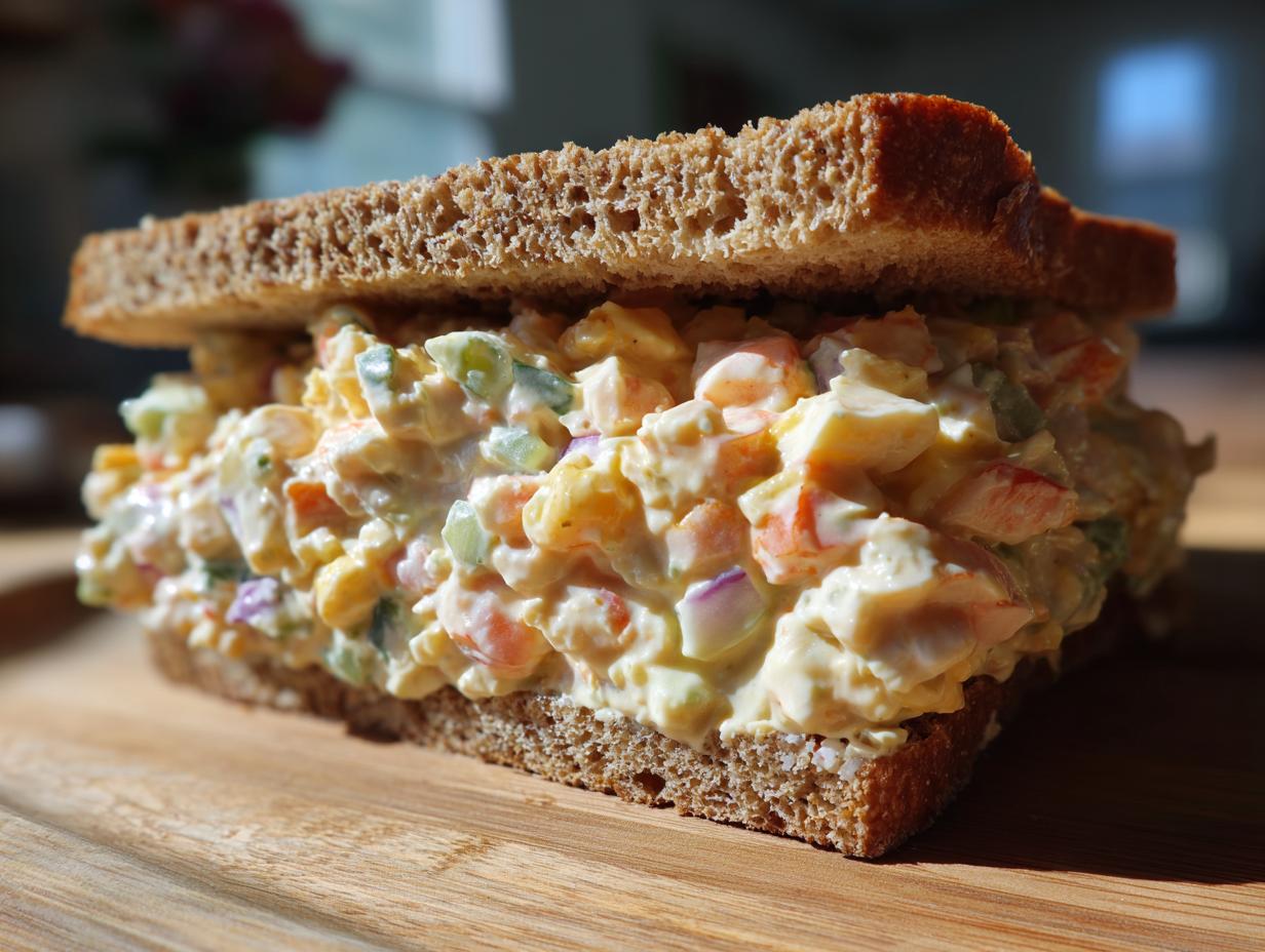 Close-up of a thick seafood salad sandwich overflowing with creamy filling between two slices of brown bread.