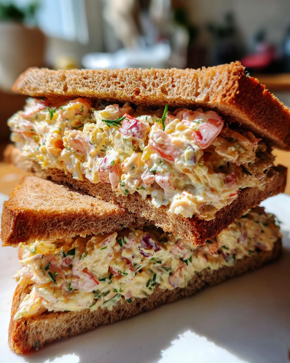 Two halves of a thick seafood salad sandwich stacked, showing creamy filling with visible seafood chunks and herbs on brown bread.