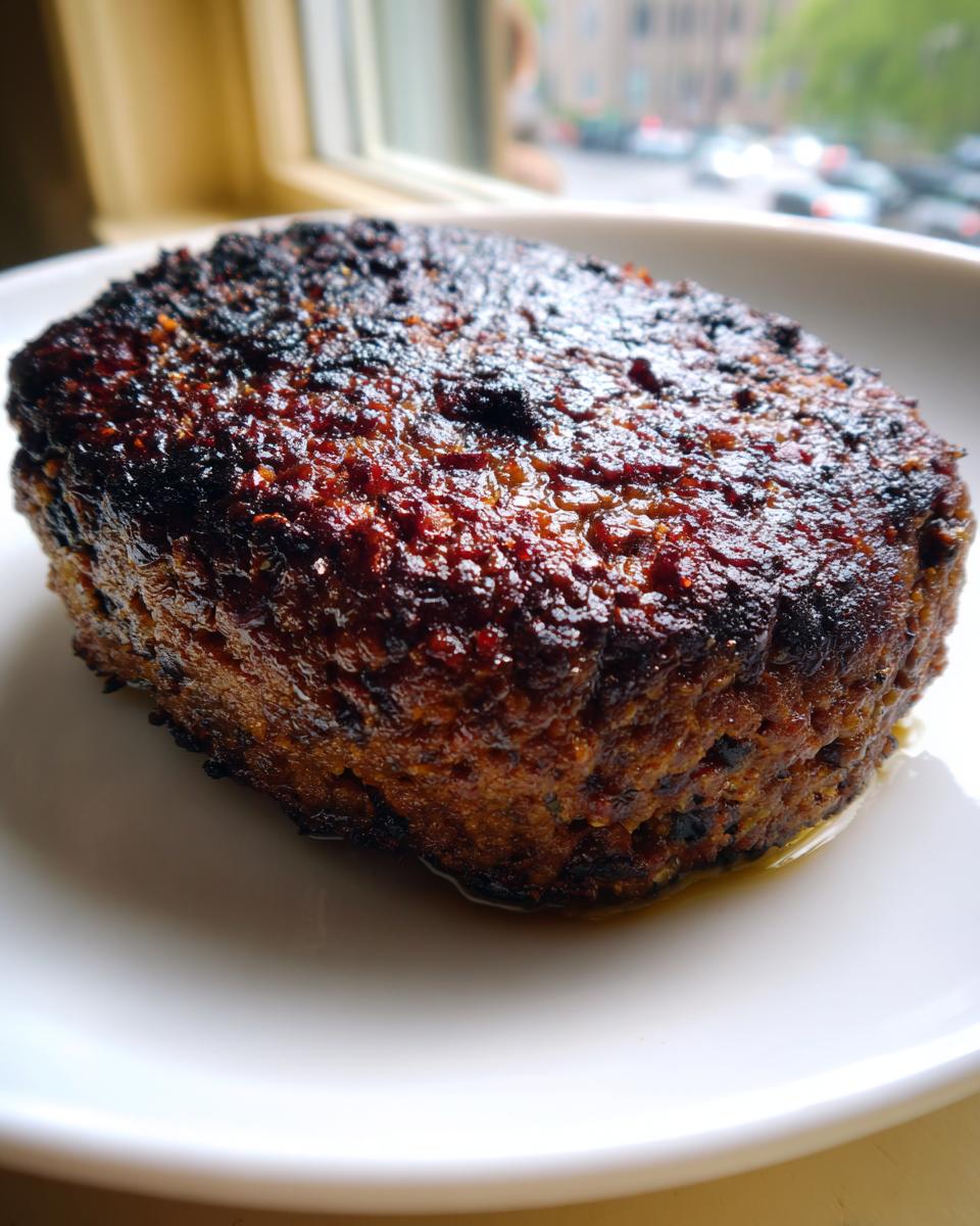 Close-up of a thick, well-seared black bean burger patty with a dark, caramelized crust on a white plate.