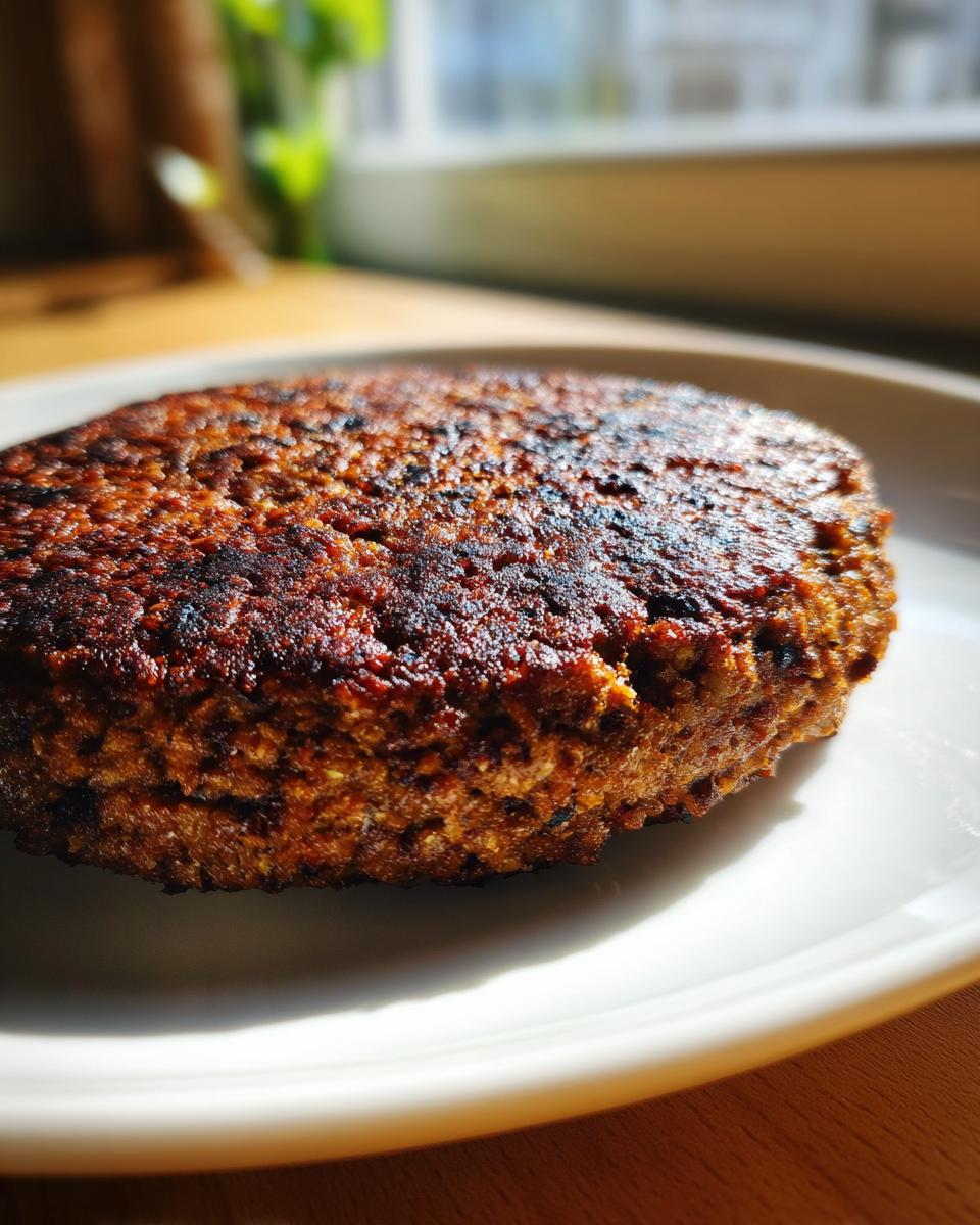 Close-up of a thick, perfectly seared black bean burger patty resting on a white plate.