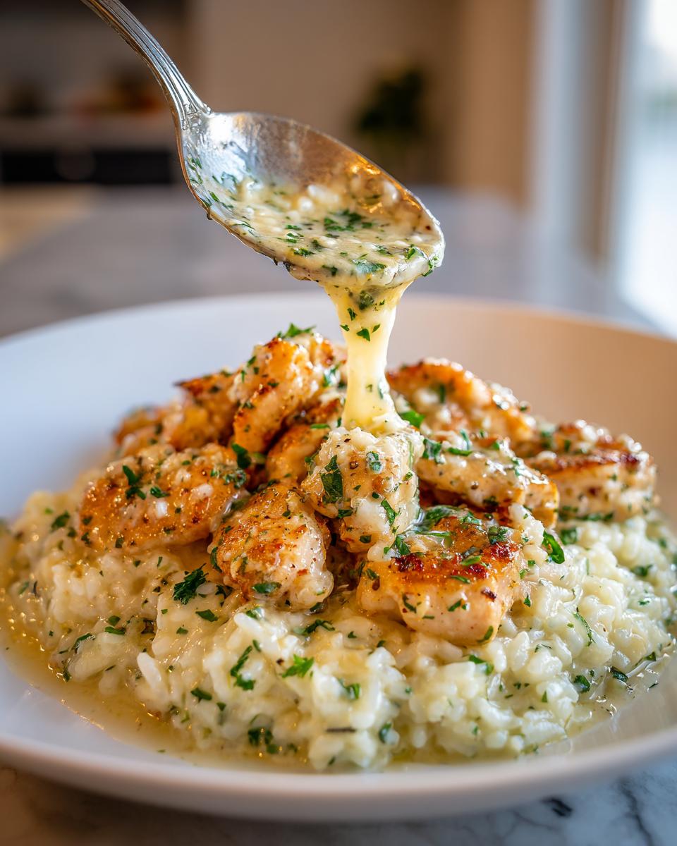 A spoon pours creamy garlic parmesan sauce over pieces of chicken atop garlic parmesan rice in a bowl, making easy chicken scampi.