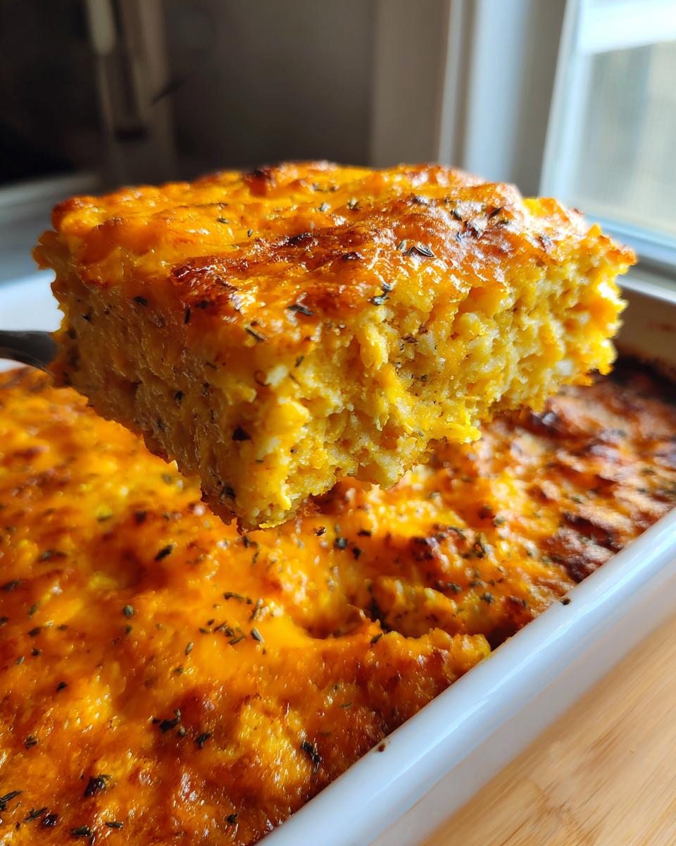 A serving spoon lifts a golden, fluffy slice of jiffy corn casserole from the baking dish.