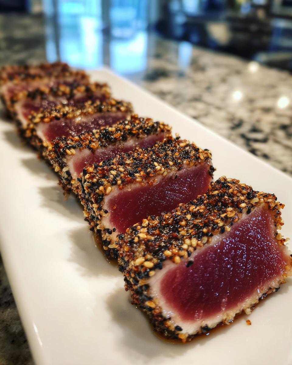 Slices of perfectly seared tuna tataki crusted with black and white sesame seeds, showing a bright red center.