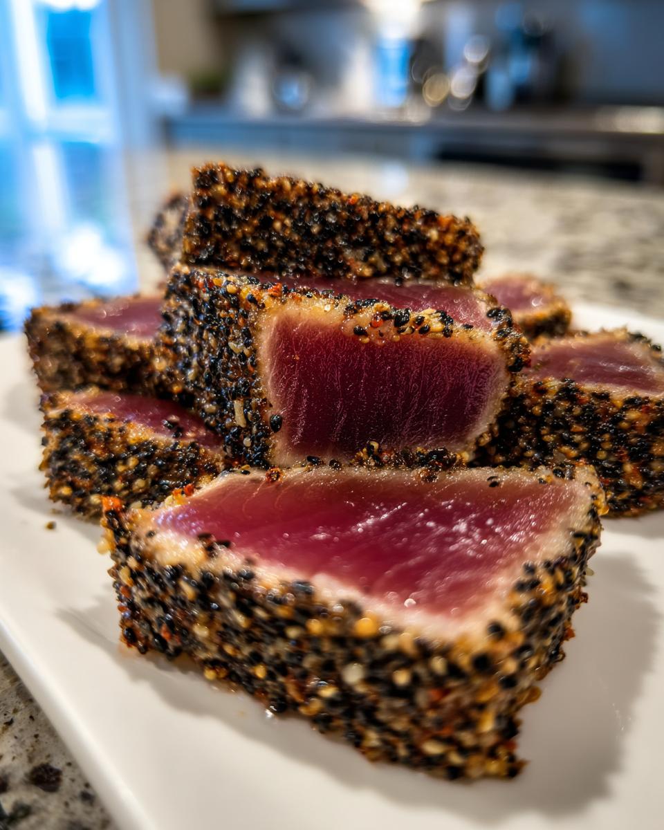 Close-up of perfectly seared tuna tataki slices, crusted heavily with black and white sesame seeds.