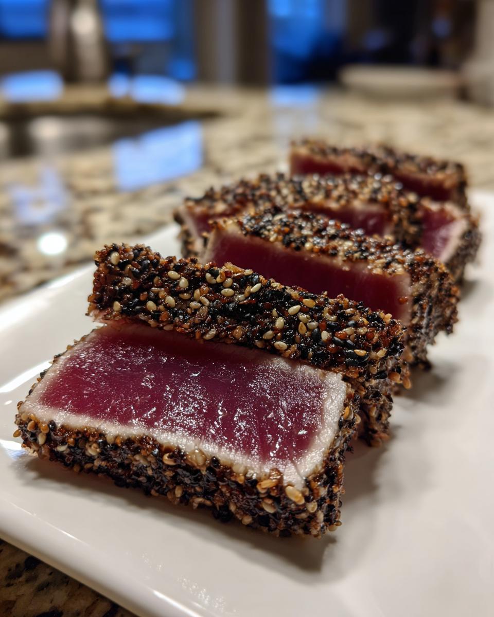 Close-up of perfectly seared tuna tataki slices coated in black and white sesame seeds, showing a rare, deep red center.