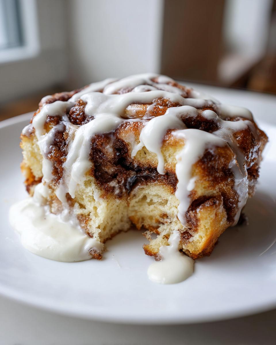 A close-up of a single serving of sheet pan cinnamon roll pancakes, drizzled heavily with white icing.