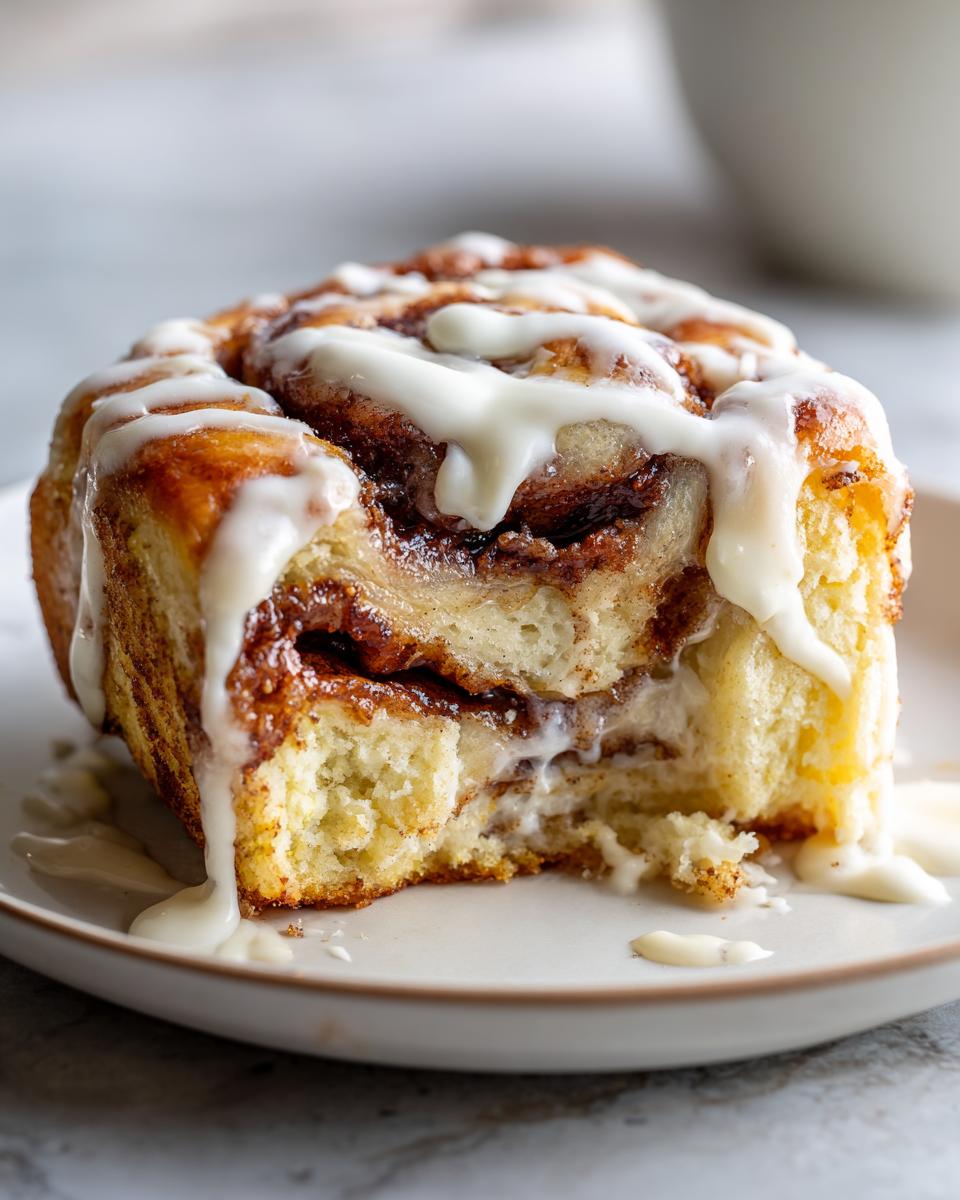 A close-up of one serving of sheet pan cinnamon roll pancakes, drizzled heavily with white icing.