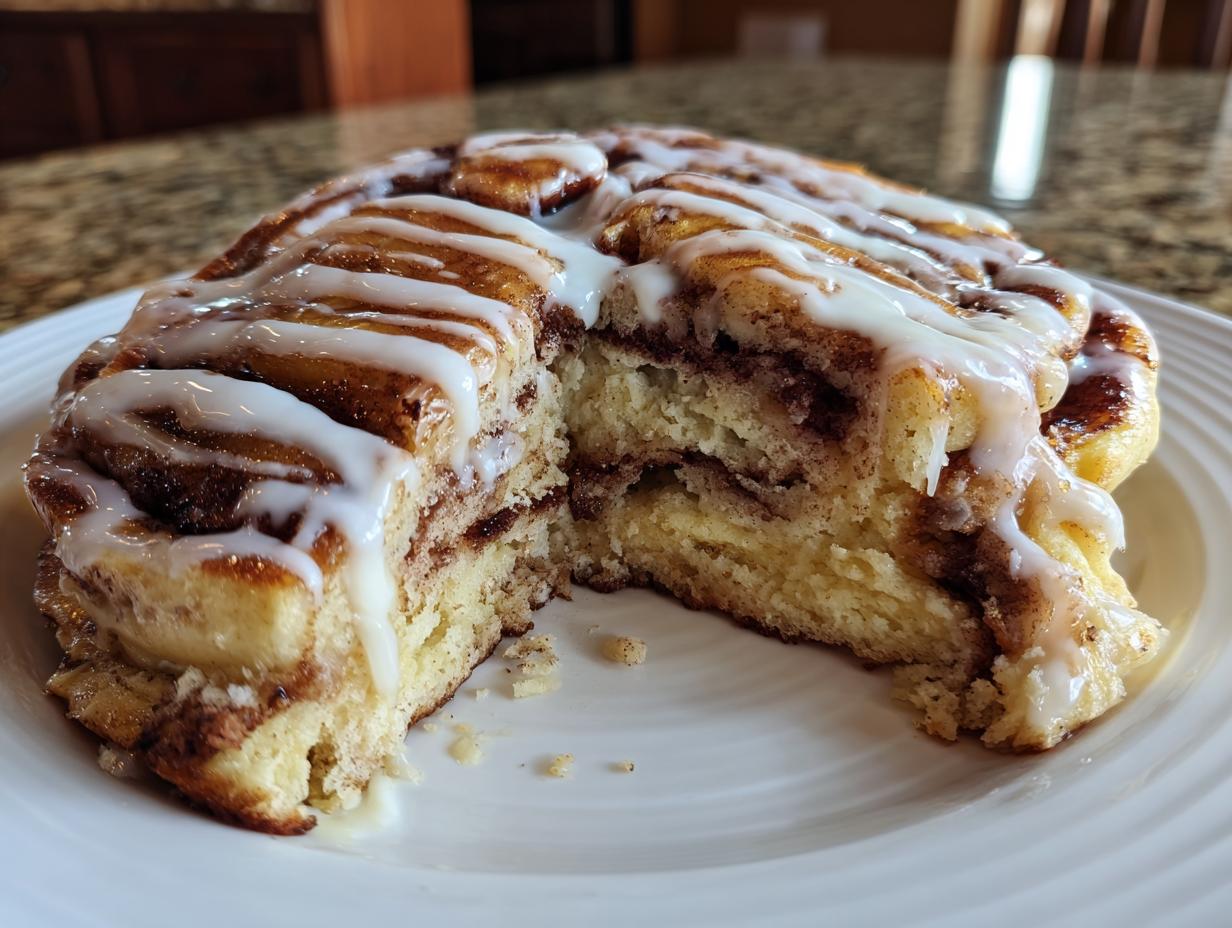 A cross-section view of a portion of sheet pan cinnamon roll pancakes topped with thick white icing.