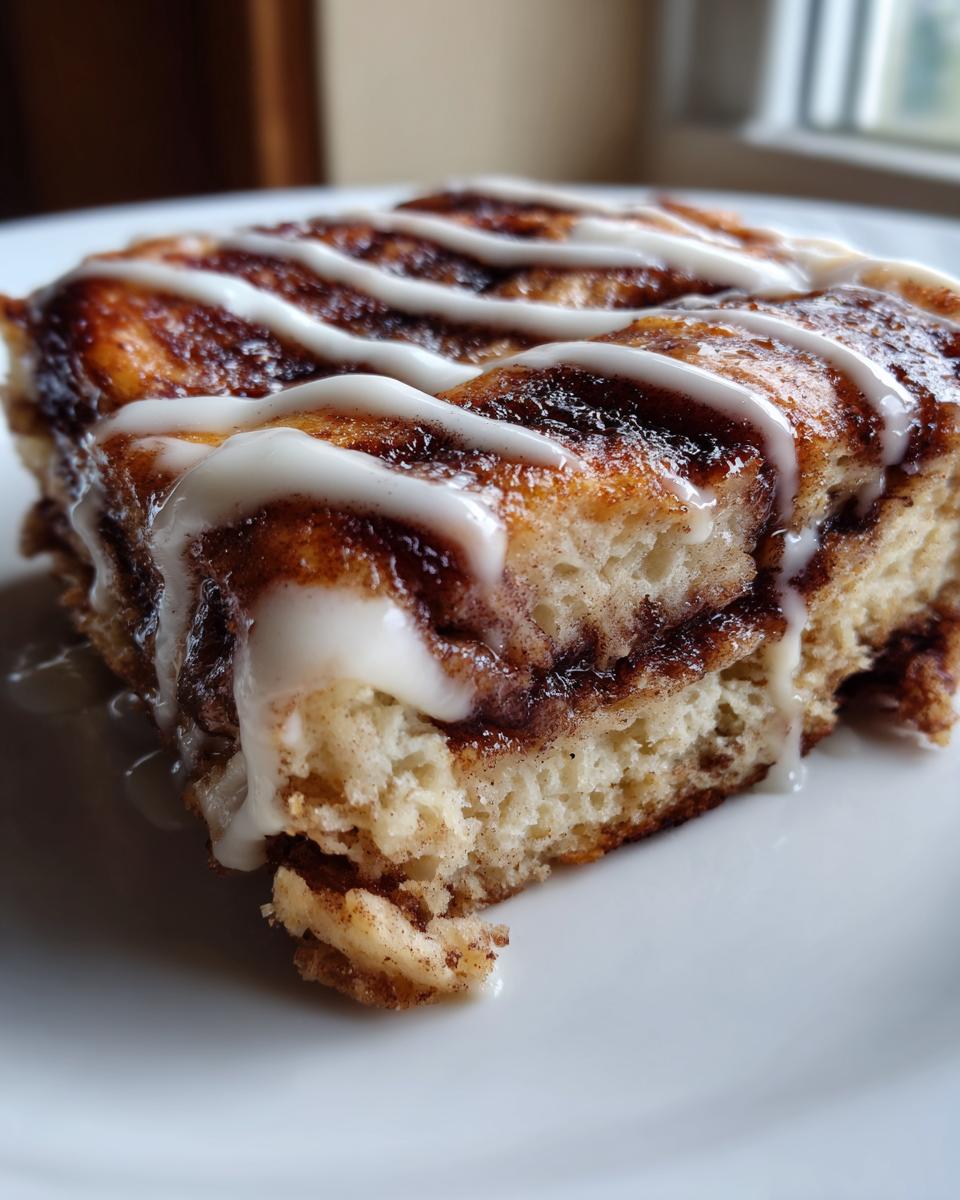 A close-up of a thick slice of sheet pan cinnamon roll pancakes topped with white icing.