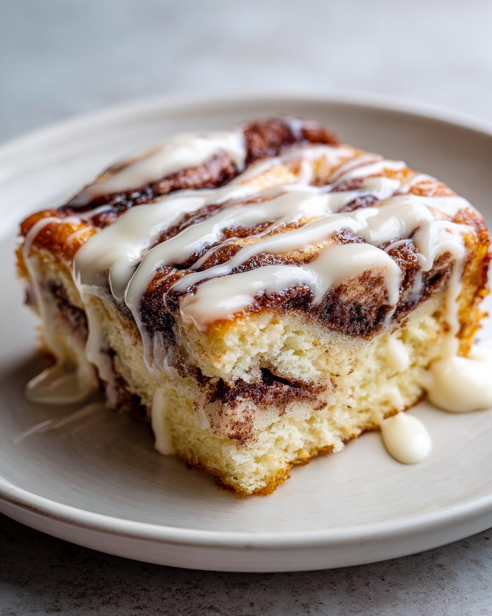 A square serving of fluffy sheet pan cinnamon roll pancakes drizzled generously with white cream cheese icing.