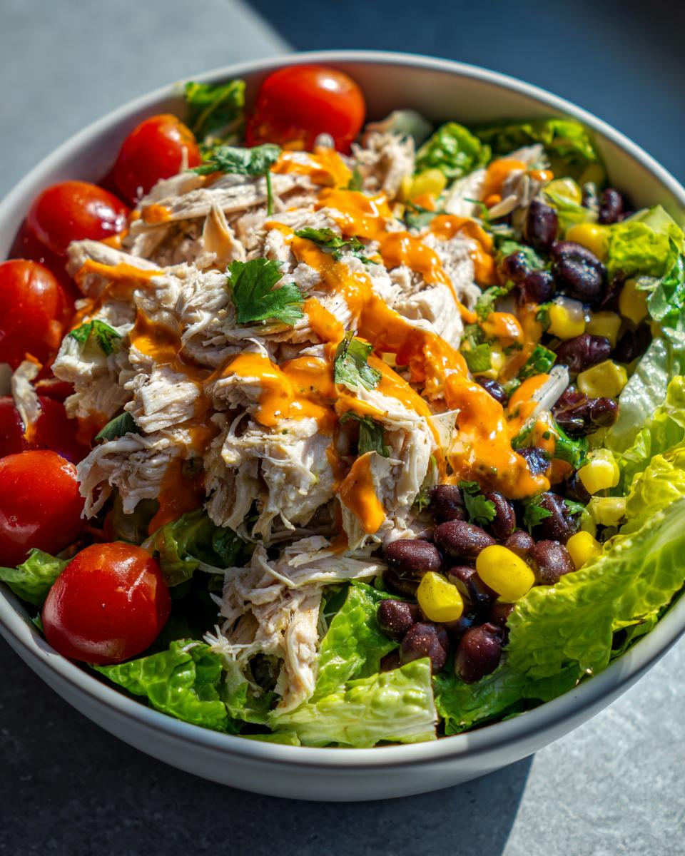 Close-up of a vibrant high protein salad featuring shredded chicken, black beans, corn, cherry tomatoes, and orange dressing.