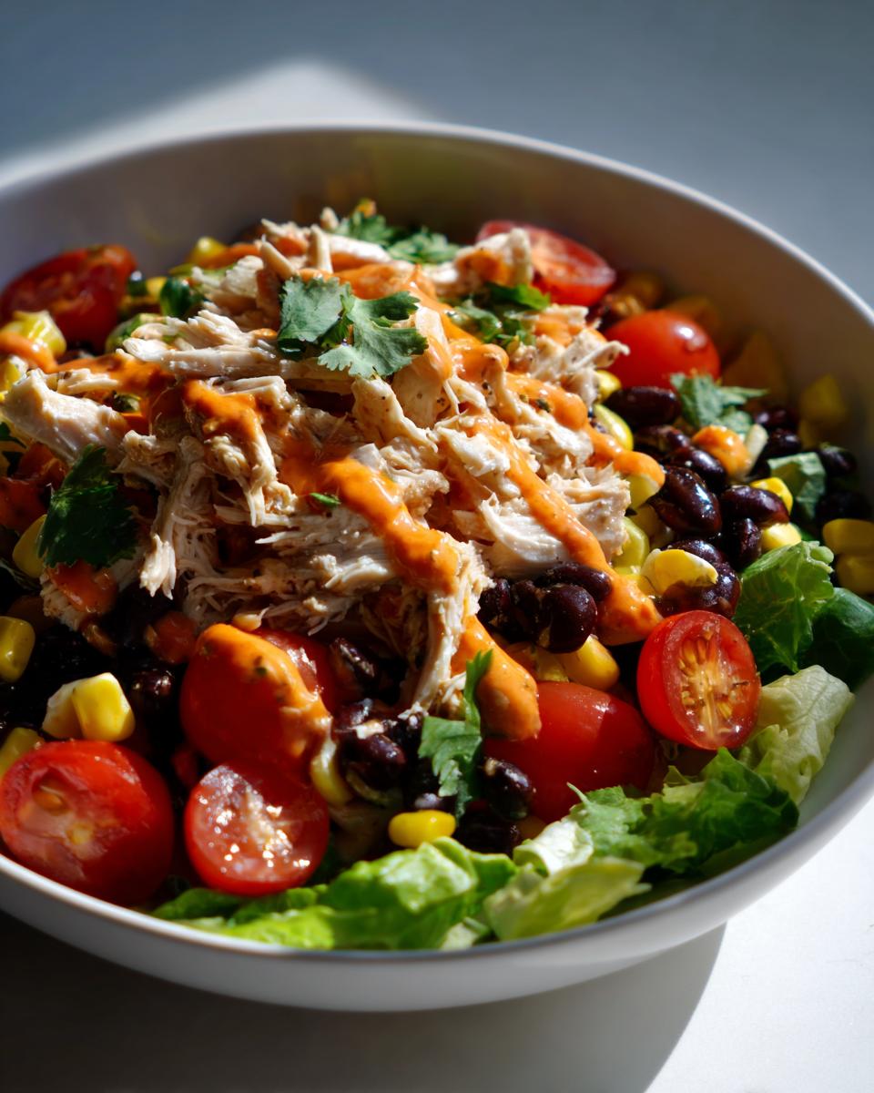 Close-up of a vibrant high protein salad topped with shredded chicken, black beans, corn, cherry tomatoes, and orange dressing.