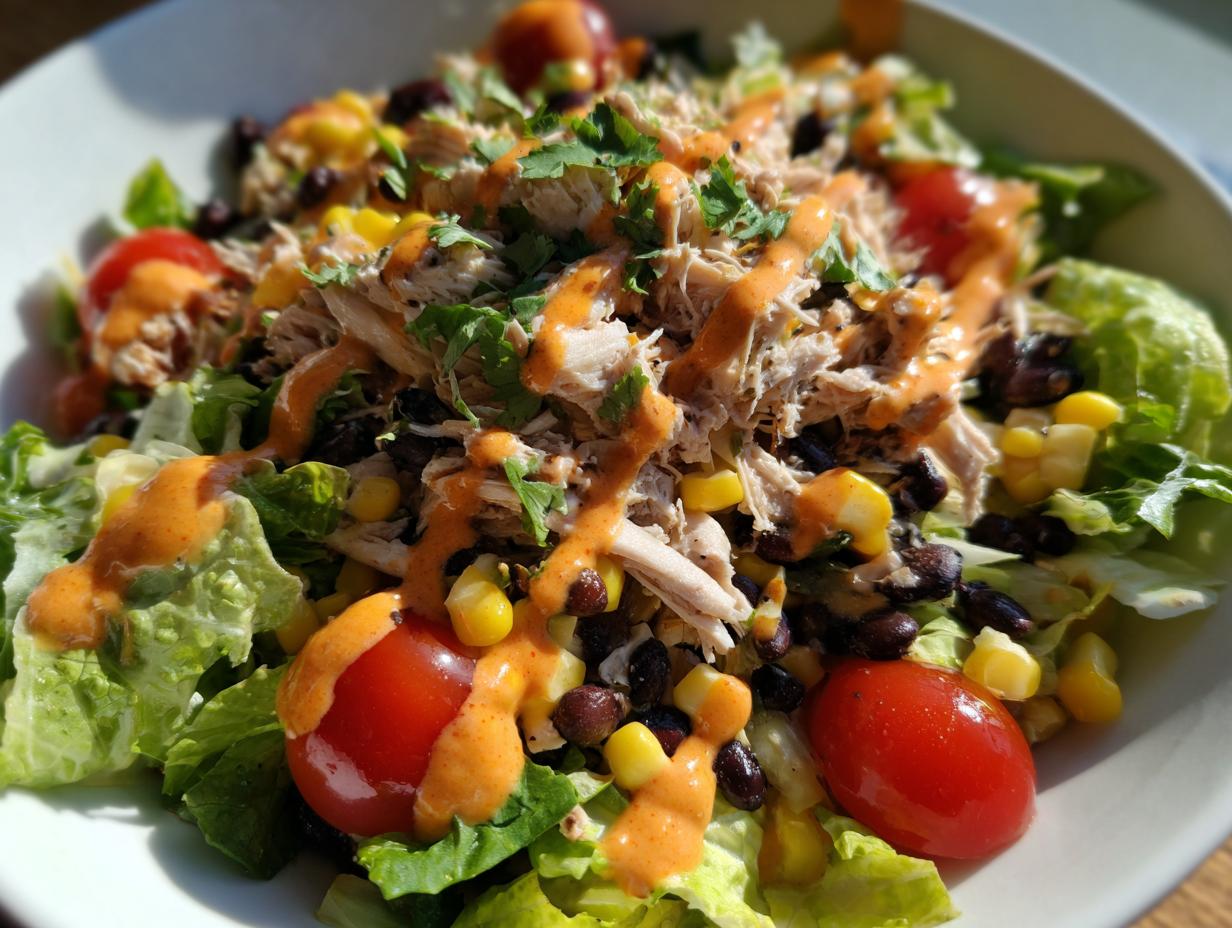 A vibrant bowl featuring a high protein salad with shredded chicken, black beans, corn, cherry tomatoes, and a creamy orange dressing.