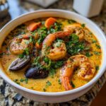 A close-up of a bowl of rich, creamy shrimp coconut curry soup topped with large seasoned shrimp, carrots, and fresh cilantro.