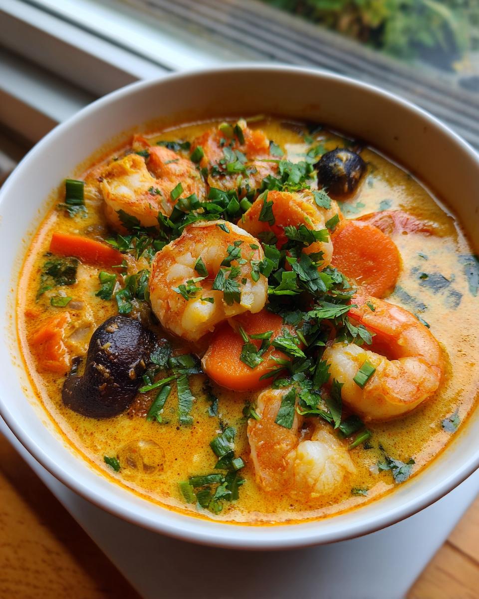 Close-up of a white bowl filled with rich, orange shrimp coconut curry soup, topped with large shrimp, carrots, and fresh parsley.
