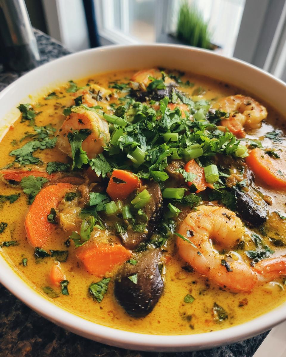 Close-up of a vibrant bowl of shrimp coconut curry soup, featuring large shrimp, carrots, mushrooms, and fresh cilantro garnish.