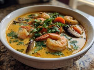 Close-up of a white bowl filled with vibrant shrimp coconut curry soup, featuring large shrimp, carrots, mushrooms, and fresh cilantro.