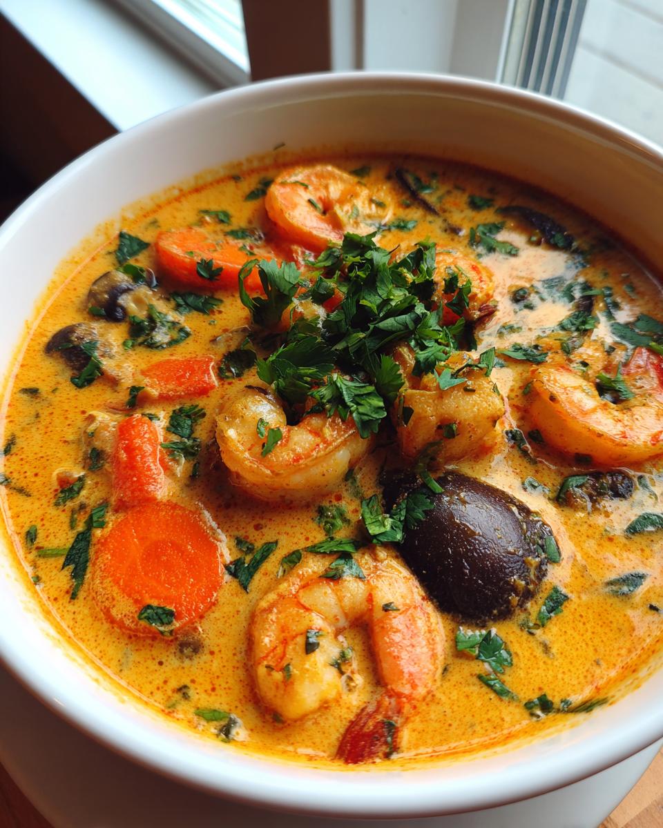 A vibrant bowl of shrimp coconut curry soup featuring plump shrimp, sliced carrots, mushrooms, and fresh parsley garnish.