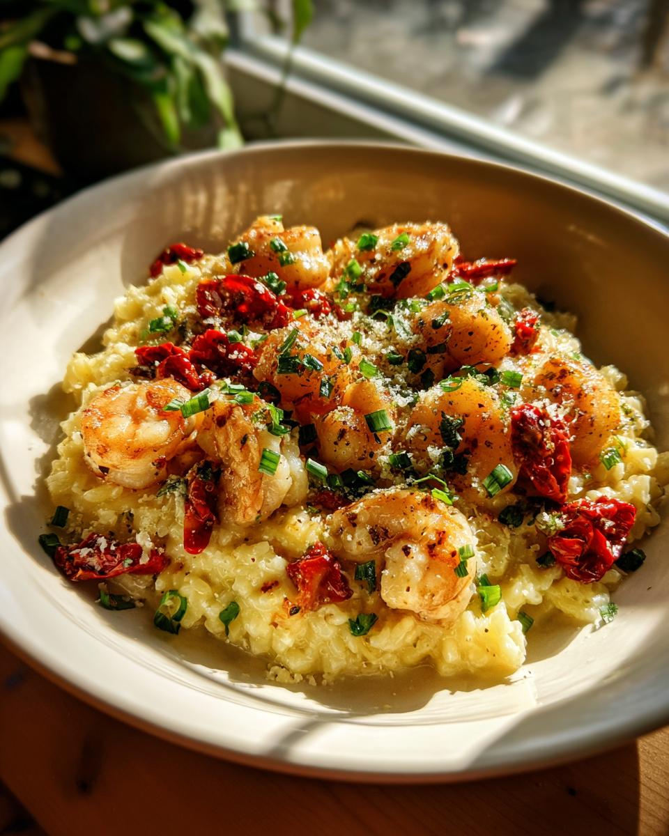 Close-up of shrimp served over creamy garlic parmesan rice, garnished with sun-dried tomatoes and chives.