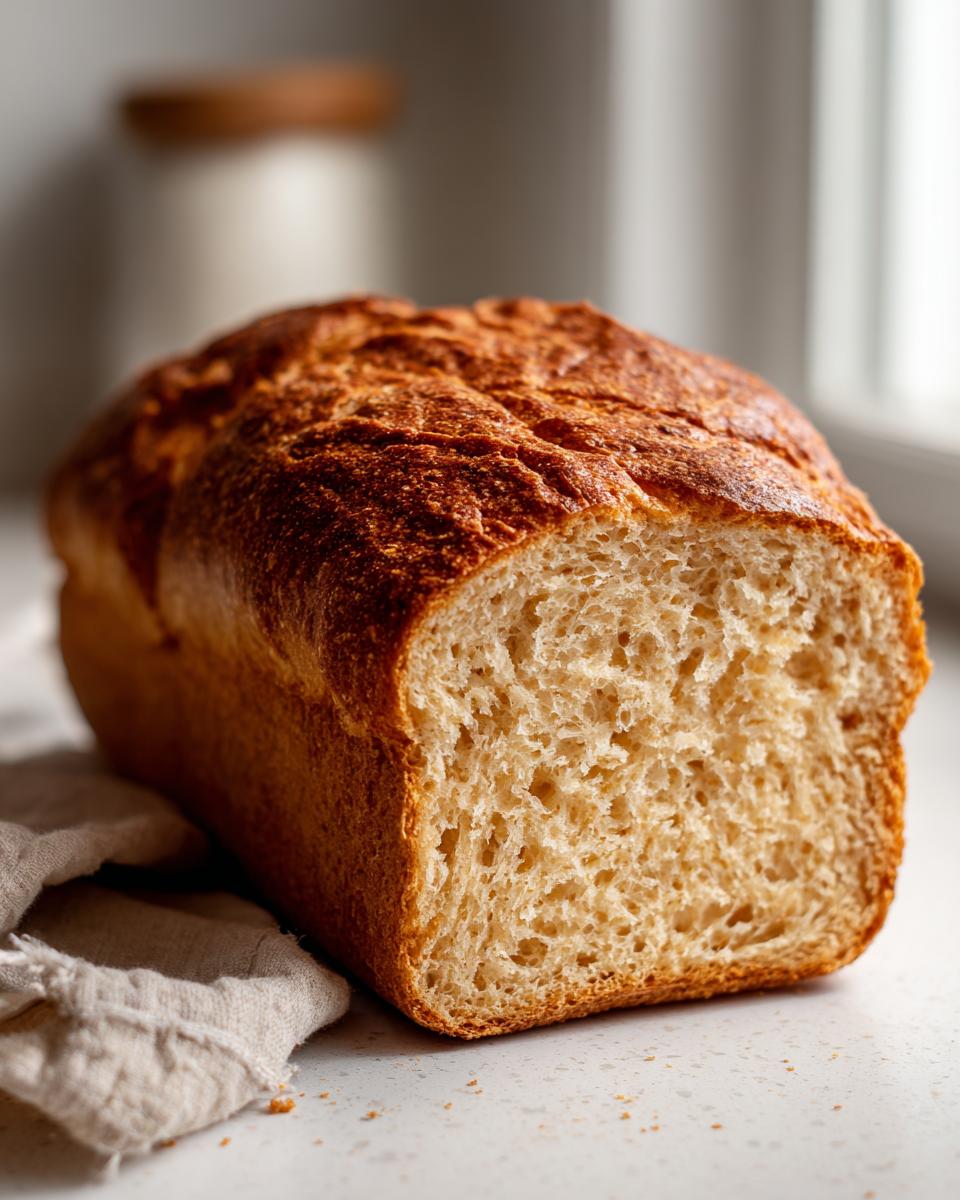A freshly baked loaf of beer bread, sliced to show the soft, airy interior and golden-brown crust.
