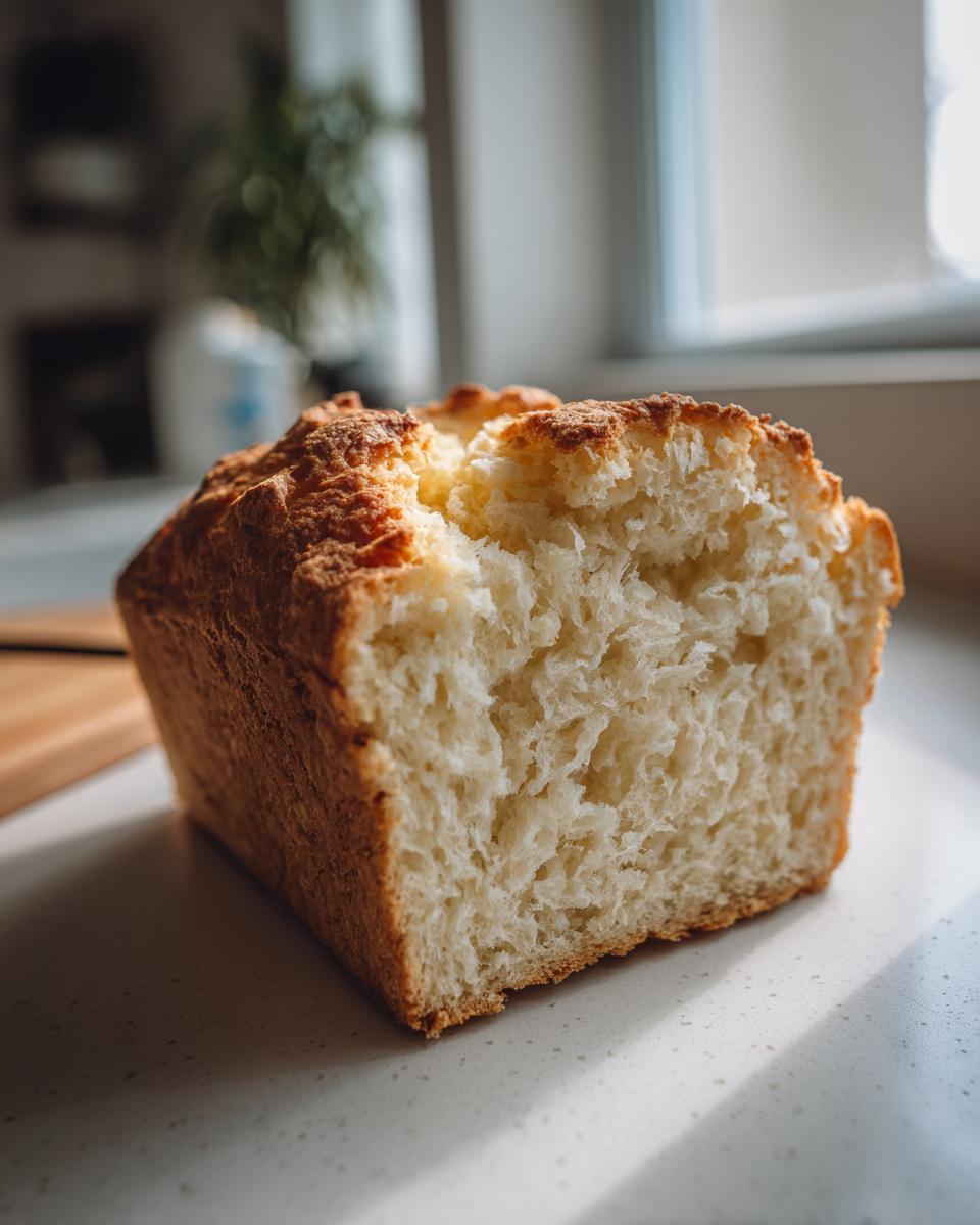A loaf of golden brown beer bread sliced open to show its fluffy, white interior texture.