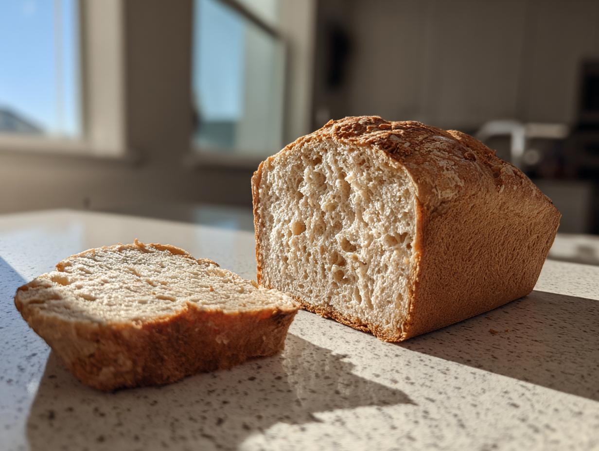 A loaf of homemade beer bread sliced open, showing the crumb texture, sitting on a counter in bright sunlight.