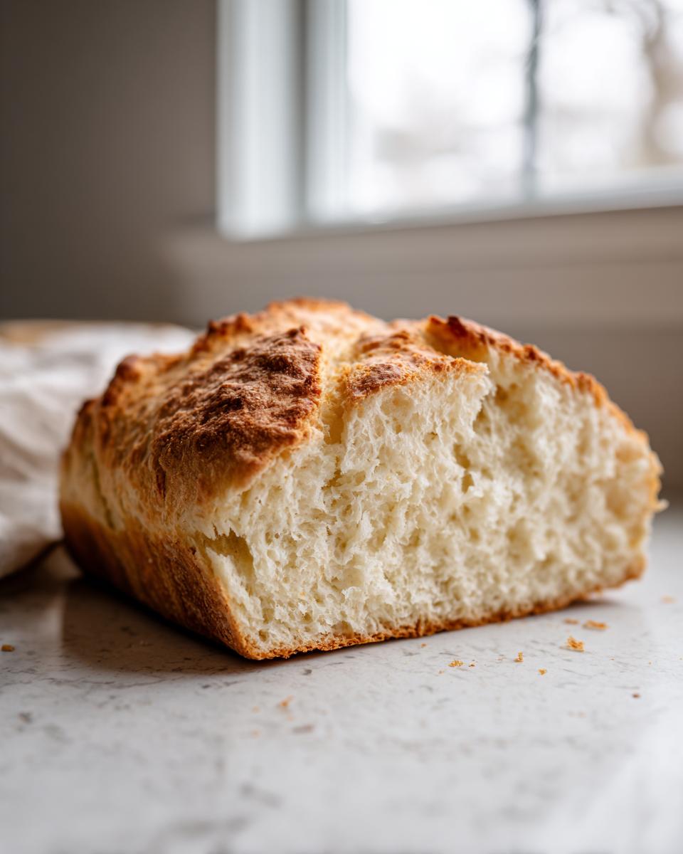 A loaf of homemade beer bread sliced open, showing the soft, white crumb texture.
