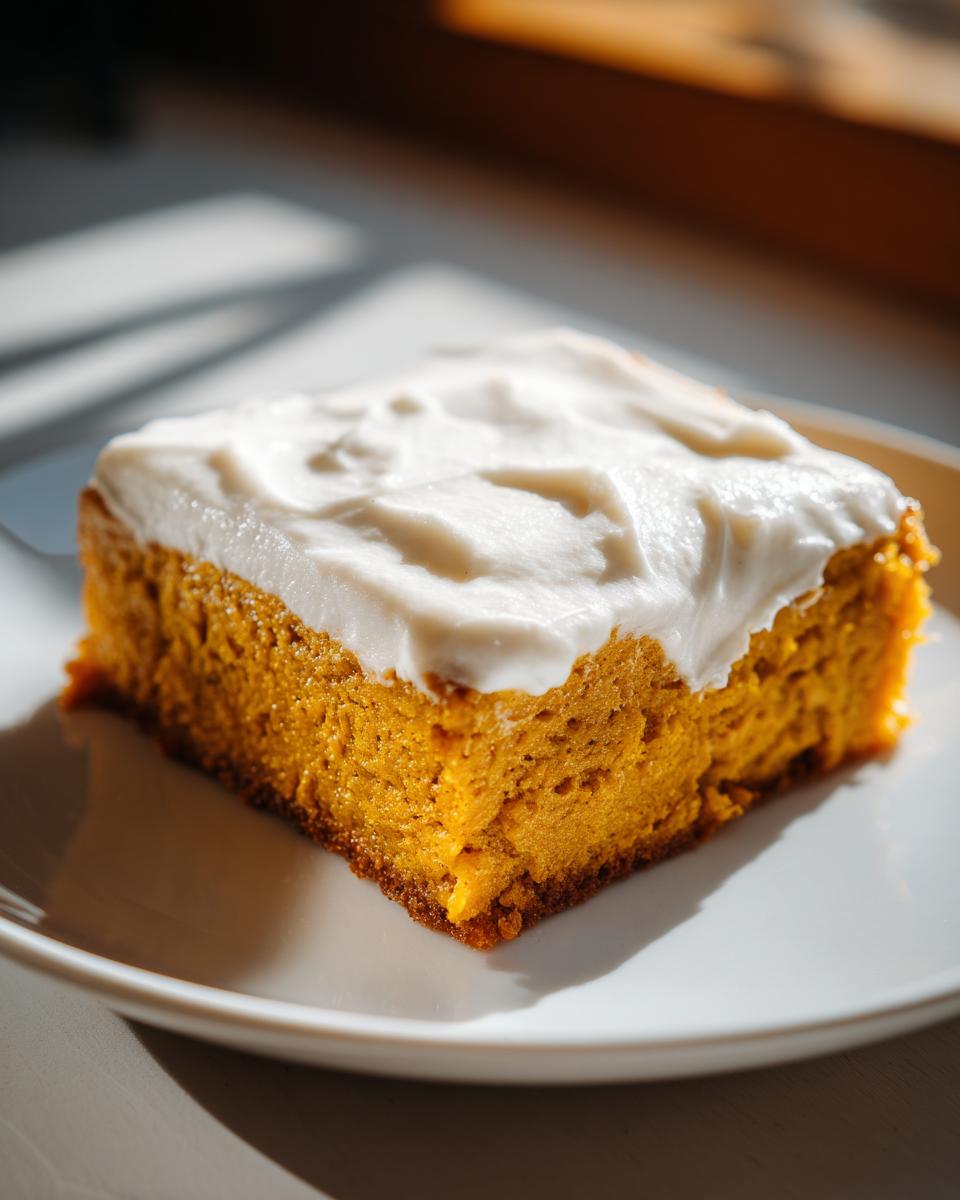 A single square of moist, orange pumpkin bars topped with thick, white cream cheese frosting.