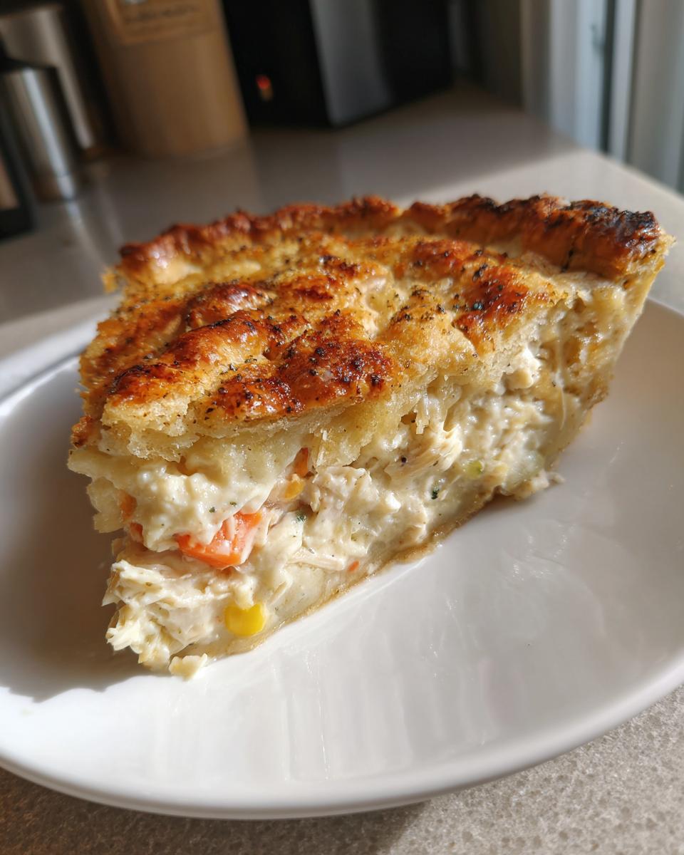 A thick slice of creamy chicken pot pie showing shredded chicken, carrots, and corn filling under a flaky, browned crust.