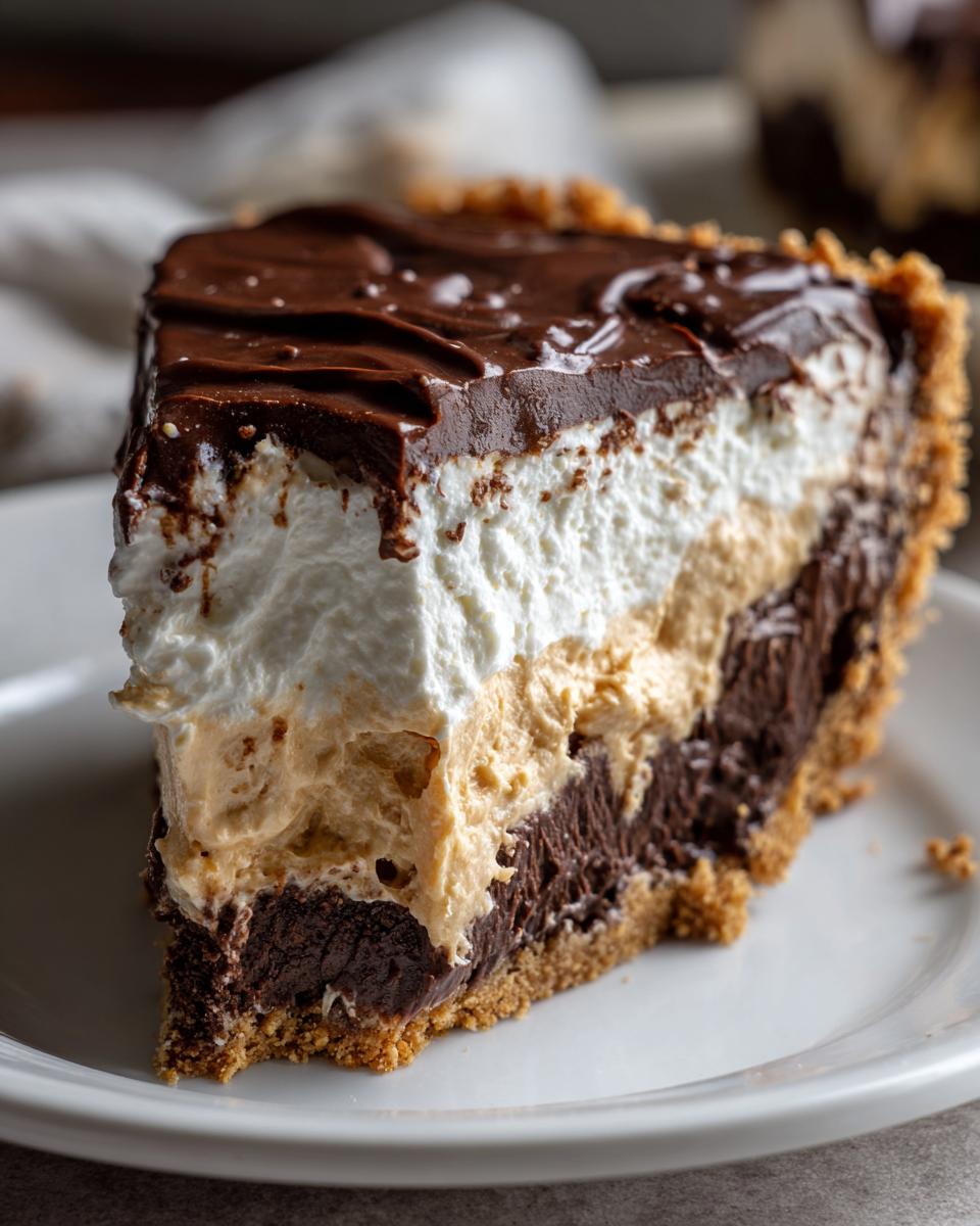 Close-up of a decadent slice of peanut butter pie showing layers of chocolate, peanut butter filling, whipped cream, and chocolate ganache.