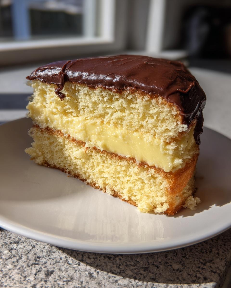A generous slice of boston cream pie featuring yellow cake, thick vanilla custard filling, and chocolate ganache topping.