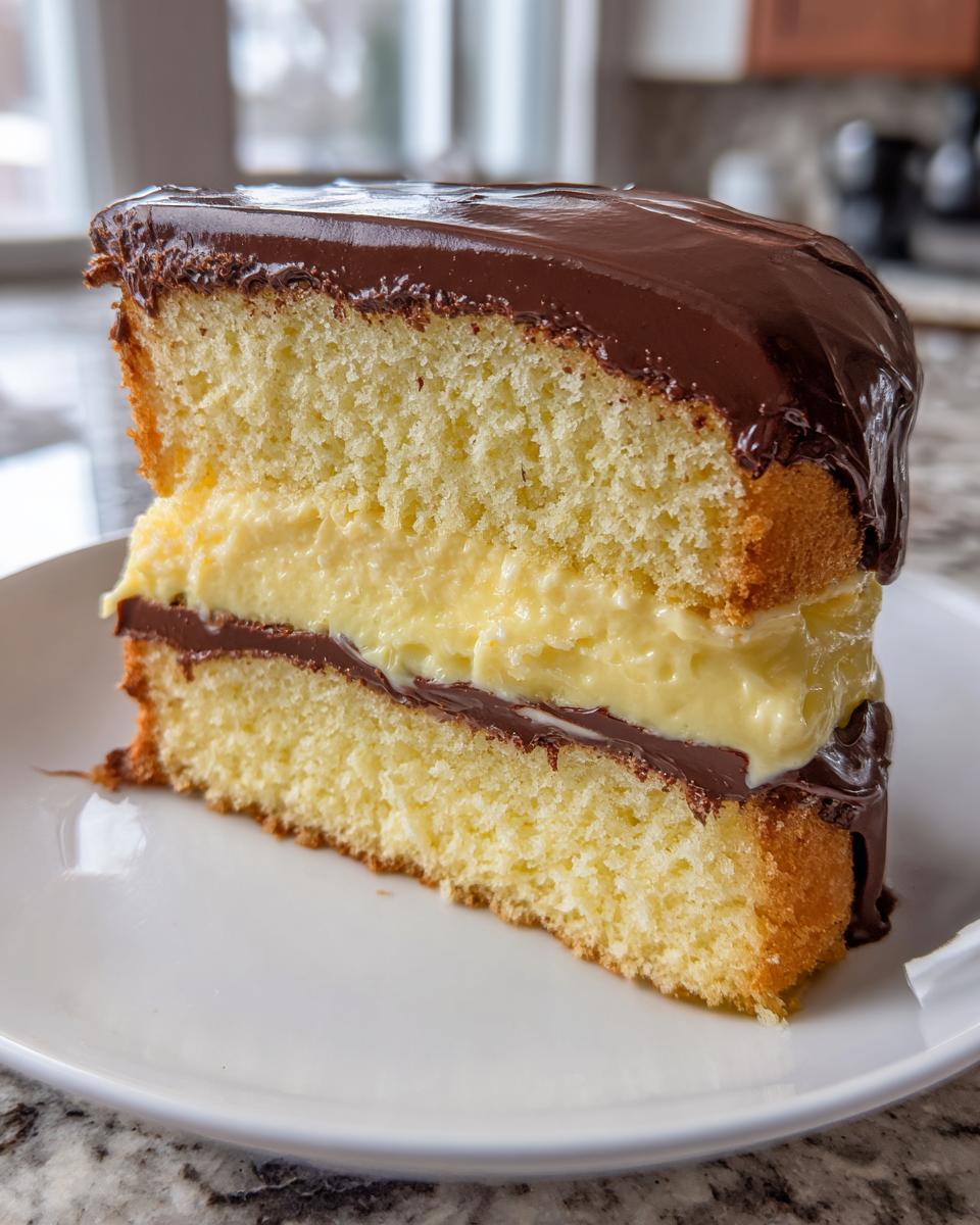 A generous slice of boston cream pie showing layers of yellow cake, vanilla cream filling, and chocolate ganache.