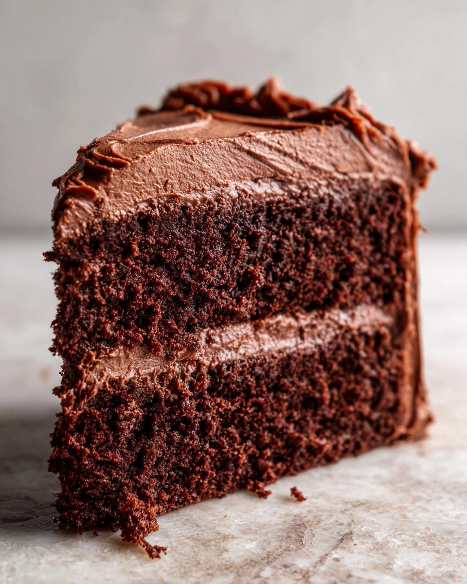 Close-up of a rich, moist slice of chocolate cake covered in thick chocolate ganache frosting.