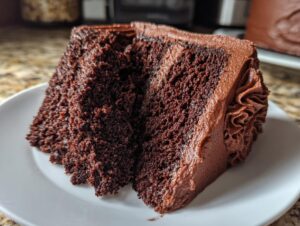 A thick slice of dark chocolate cake generously covered in smooth chocolate ganache frosting.