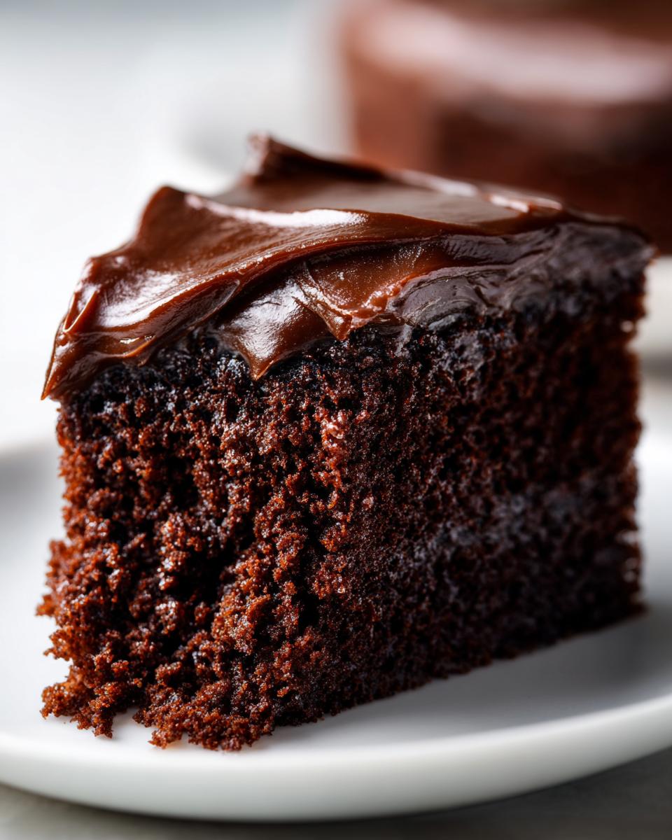Close-up of a moist chocolate cake slice generously topped with smooth, glossy chocolate ganache.