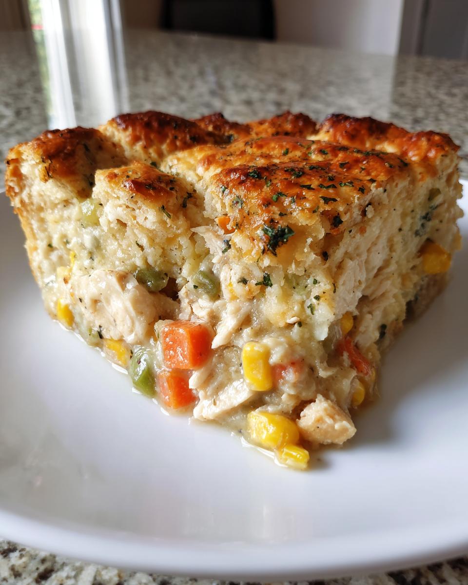 A thick slice of creamy chicken pot pie with a golden biscuit-like topping, showing chicken, carrots, corn, and peas.