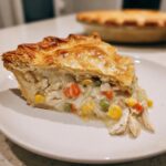 A generous slice of homemade chicken pot pie showing creamy filling, shredded chicken, carrots, peas, and corn under a golden, flaky crust.