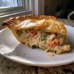 A close-up slice of a golden-crusted chicken pot pie recipe filled with shredded chicken, peas, and carrots.